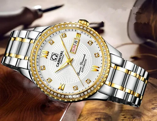 Vista 6 de Gosasa Relojes de oro de lujo hechos en Suiza, relojes de diamantes de acero inoxidable dorado luminoso de la semana del calendario de la exhibición