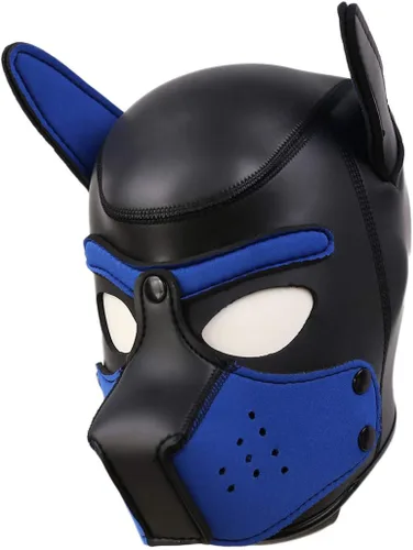 Vista 2 de Máscara de neopreno de cara completa para cachorro, capucha extraíble, máscara de Halloween (azul, máscara)
