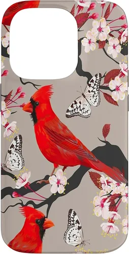 Vista 17 de Funda para iPhone 16 Women Girls Cardinals Red With Floral Butterfly