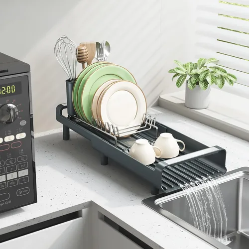 Vista 7 de [Usado] TOOLF Escurridor de platos pequeño, mini escurridor compacto expandible, escurridor de platos delgado y extensible de acero inoxidable