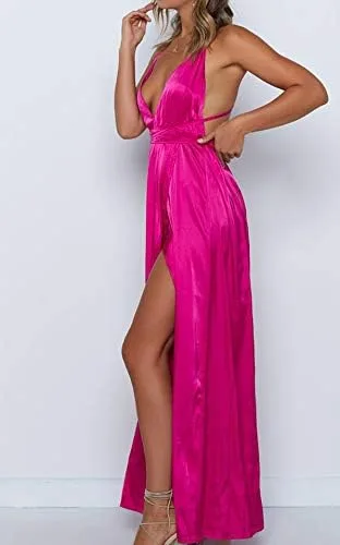 Vista 5 de Yimeili vestido largo de fiesta para mujer, vestido de cóctel sexy, satinado, con cuello en V profundo, espalda descubierta y abertura