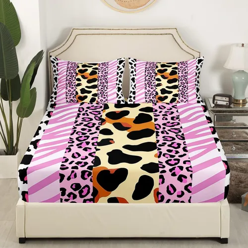 Vista 3 de Manfei Sábana bajera ajustable de piel de animal, tamaño individual, funda de cama con estampado de cebra de leopardo con 1 funda de almohada, juego