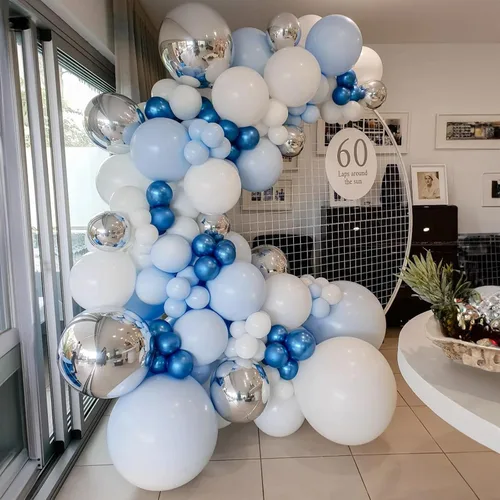 Vista 5 de Jobkoo Kit de arco de globos azul y blanco, guirnalda de globos de aluminio plateado 4D, globos de látex azul claro y plateado, globos de látex