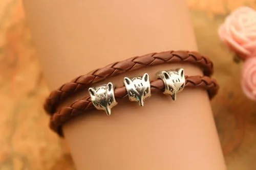 Vista 2 de Fox Bracelet,Cute Fox Head Charm Bracelet,Brown Leather Rope Bracelet,Birthday Gift