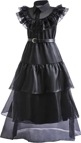 Vista 2 de LZH Wednesday Addams Costume Dress For Girls Kids Cosplay Addams Dress Up Halloween Costume With Wigs Belt Earrings