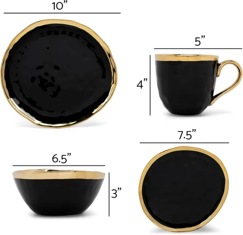 Vista 3 de Elanze Designs Juego de vajilla de 16 piezas de platos, tazones y tazas de porcelana cerámica con burbuja metálica - Servicio para 4, negro