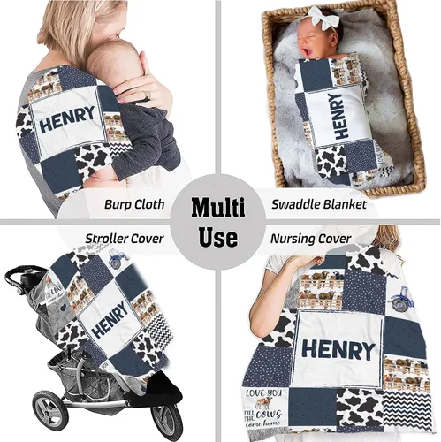Vista 6 de Manta de bebé personalizada con estampado de vaca, manta de sherpa azul con nombre, diseño de animales de granja
