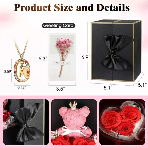 Vista 5 de Bonito regalo de oso de rosas reales preservadas con collares iniciales chapados en oro de 18 quilates para mujeres, día de la madre, cumpleaños
