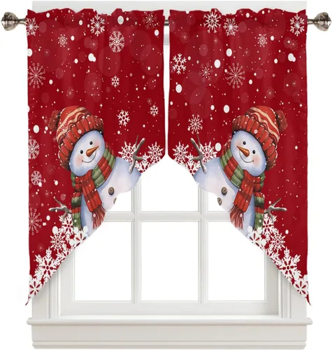 Vista 23 de BEMIGO Cortinas de cocina de Navidad, lindas cortinas de granja con muñeco de nieve azul, cenefa con bolsillo para barra de copos de nieve