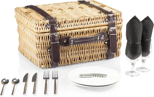 Vista 2 de PICNIC TIME Champion - Cesta de picnic para 2, romántica canasta de mimbre de madera de estilo inglés con servicio de lujo para 2, interior Negro