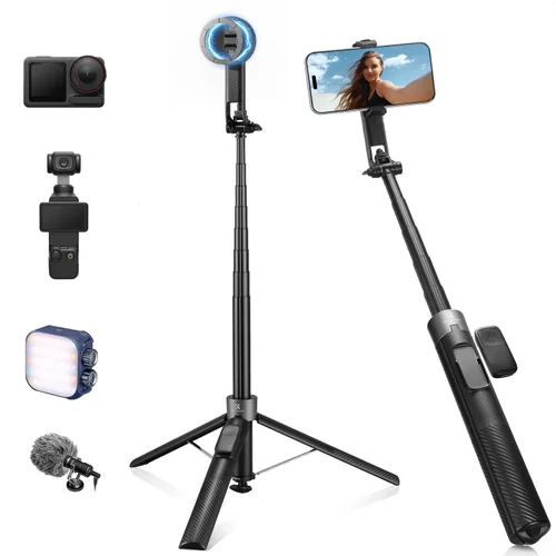 Vista 11 de K&F CONCEPT Trípode de teléfono de 72 pulgadas, clip y palo magnético para selfie con luz de relleno y control remoto, soporte de trípode automático