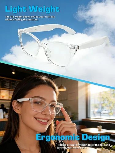 Vista 8 de Lentes inteligentes para mujer, con audio de oído abierto, Bluetooth con marco transparente, llamadas manos libres, cómodos de llevar para viajes