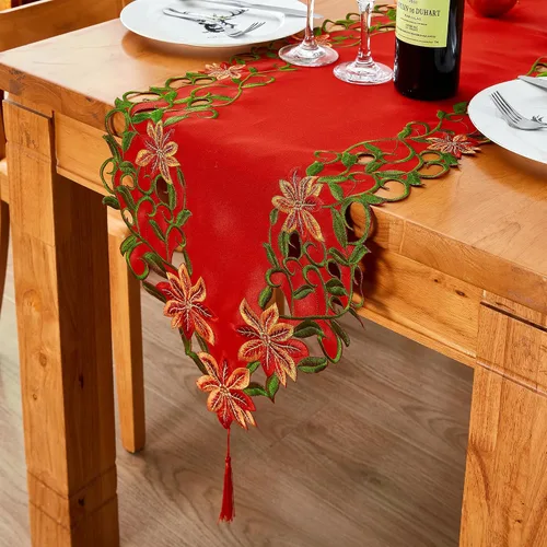 Vista 2 de AMARED Caminos de Mesa Bordados de Navidad con Calados de Hojas Verdes Manteles de Mesa Navideños para Decoraciones de Navidad 15x87 Pulgadas