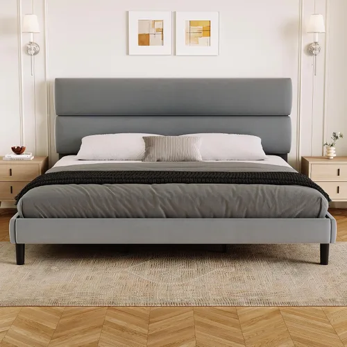 Vista 8 de GRUSIGN Base de cama de plataforma de tamaño individual con cabecera de terciopelo, soporte de listones de madera de altura ajustable, base