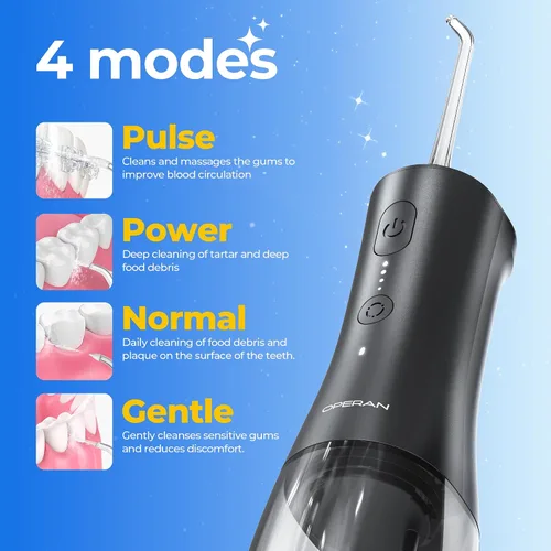 Vista 3 de Operan Irrigador dental de agua inalámbrico de 10.1 fl oz, irrigador dental portátil para dientes, 4 modos de pulso, IPX7, irrigador oral