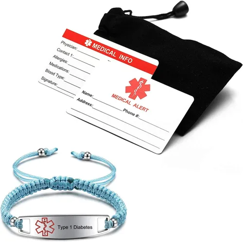 Vista 6 de JF.JEWELRY Pulseras de identificación de alerta médica para diabetes tipo 1 pregrabadas para hombres y mujeres, cuerda de nailon trenzada