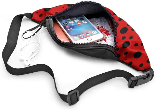 Vista 4 de Dujiea Riñonera con agujero para auriculares, bolsillo ajustable, bolsa de cadera para mujeres, hombres y niños, Lunares Mariquita