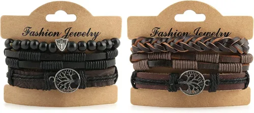 Vista 5 de HZMAN Pulseras de cuero genuino del árbol de la vida para hombres y mujeres (Classic Set)