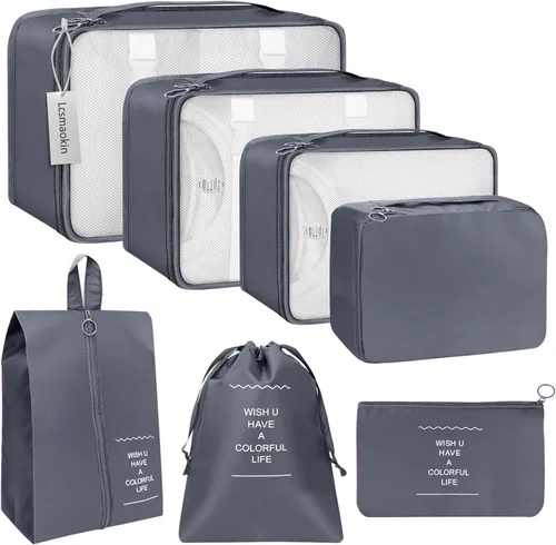 Vista 8 de Juego de 7 cubos de embalaje, esenciales de viaje para llevar de mano, organizadores de equipaje de viaje ligeros esenciales, ropa y zapatos, cubo