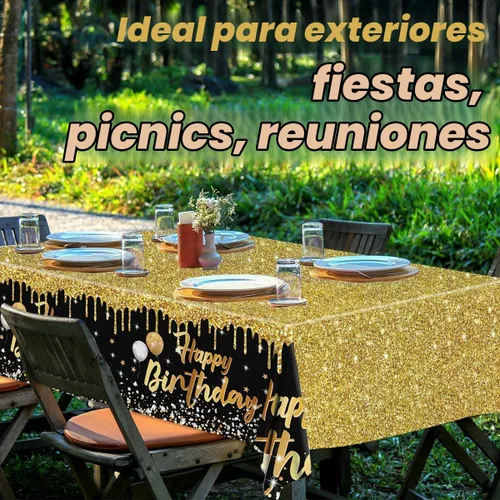 Vista 3 de Paquete de 3 Manteles de Feliz Cumpleaños Manteles Negros y Dorados Cubierta de Mesa de Plástico Mantel Rectangular de Cumpleaños para Mujeres