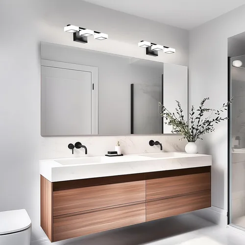 Vista 7 de Lámparas LED modernas para baño, 3 luces regulables con 5 modos de color, accesorios de iluminación de pared de baño acrílico negro mate sobre