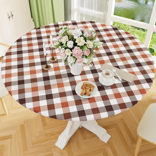 Vista 14 de Smiry - Mantel redondo de picnic de vinilo elástico impermeable con respaldo de franela, mantel de vinilo ajustable para mesas de 31-35 pulgadas