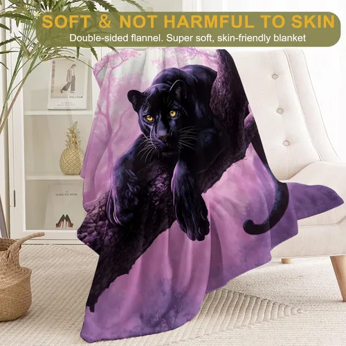 Vista 2 de Manta de Felpa de Pantera Negra - Regalo Ligero Suave y Acogedor para Amantes de Animales, Niños, Mujeres, Niñas, Mantas Púrpuras Majestuosas