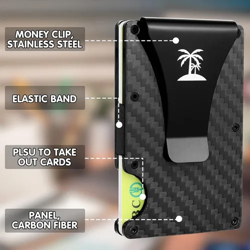 Vista 3 de BESTBEL - Cartera minimalista de fibra de carbono para hombres y mujeres, billetera delgada con clips para dinero, bloqueo FID, tarjetatarjeta
