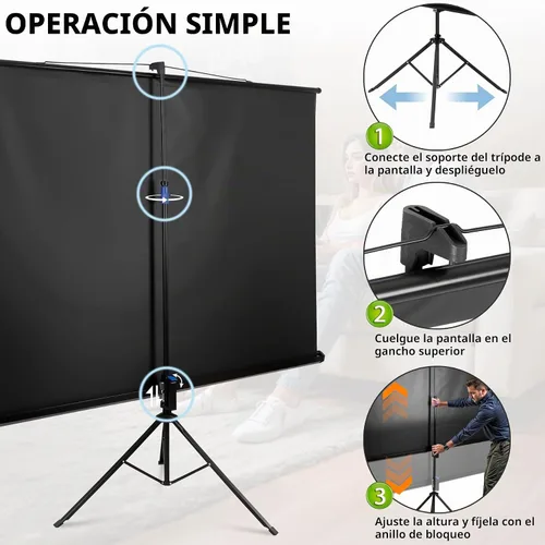 Vista 4 de Pantalla de proyector portátil 16:9 HD de 84 pulgadas con soporte, pantalla de trípode extraíble manual sin arrugas con bolsa de transporte