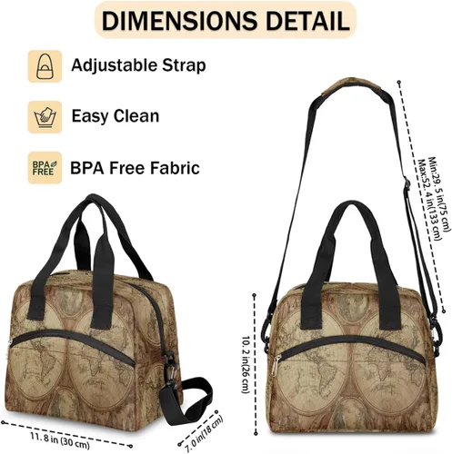 Vista 4 de Bolsa de almuerzo con diseño de globo y mapa del mundo, organizador aislante, impermeable, para hombres y mujeres, bolso de mano, correa ajustable