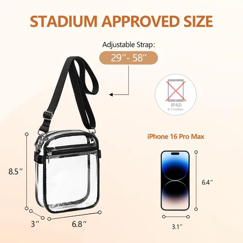 Vista 4 de Bolsa transparente para eventos de estadio, bolso transparente con correa extraíble, bolsa de mensajero para conciertos, trabajo, deportes y fiestas