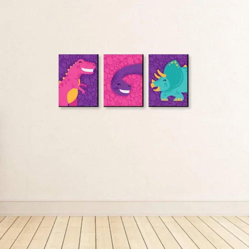 Vista 3 de Big Dot of Happiness Roar Dinosaur Girl – Dino Mite T-Rex - Arte de pared para habitación de niños y decoración de habitación de niños, ideas