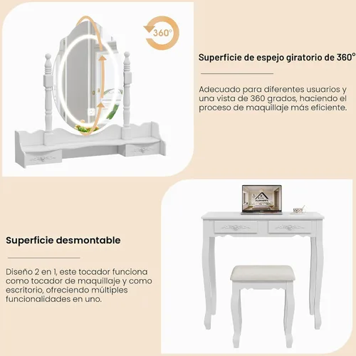 Vista 6 de Escritorio de tocador con espejo y luces, mesa de maquillaje con juego de Blanco