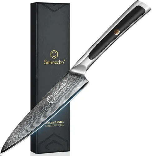 Vista 10 de Sunnecko Cuchillo de pelar de 3.5 pulgadas, cuchillo para frutas con hoja de acero damasquino VG-10 de 67 capas, cuchillo pequeño para pelar