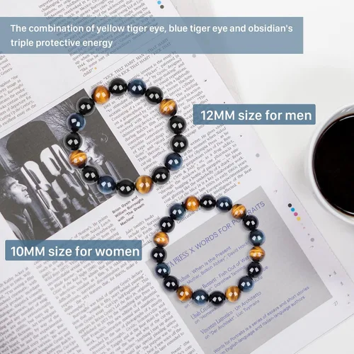 Vista 2 de Tiger Eye Bracelet men womenanti-anxiety courage and determination bracelet Black Obsidian Bead Triple Protection Bracelet Jewelry Genuine Crystal