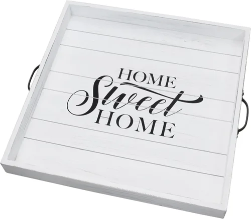 Vista 3 de Stonebriar Bandeja de madera decorativa casera dulce blanca desgastada cuadrada con manijas de metal