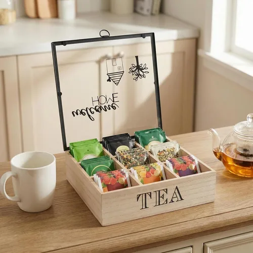 Vista 2 de Organizador de caja de té de madera con 9 compartimentos y ventana superior de acrílico transparente, caja de almacenamiento multifuncional, soporte