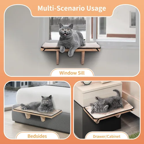 Vista 2 de Percha de Ventana para Gatos Petsfit, Hamaca de Gato de Madera Maciza Natural con Estera de Forro Polar Desmontable, Percha de Ventana Fácil