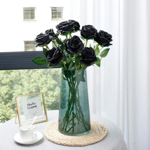 Vista 2 de Rosas artificiales negras – 10 piezas de rosas artificiales falsas de seda con tallos para decoración del hogar, boda, hotel, oficina, centro de mesa