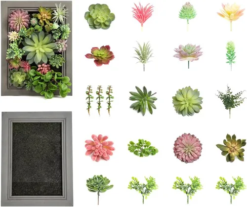 Vista 5 de Arte de pared de suculentas artificiales 3D, arreglo de flores falsas con marco floral, decoración de pared para decoración de habitación, fondo