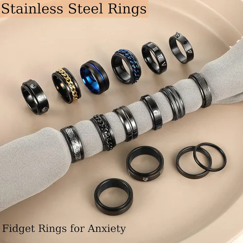 Vista 4 de Anillos negros de acero inoxidable para hombres, juego de anillos de promesa de boda para hombres, anillos de ansiedad simples y geniales
