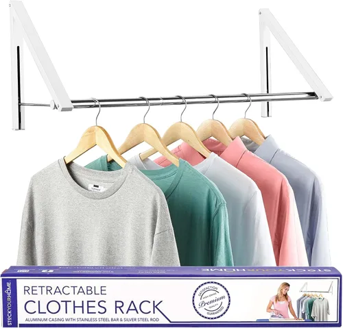 Vista 9 de Doble Perchero Plegable para Ropa con Barra Extensible, Perchero Retráctil Montado en Pared para Secador de Ropa, Barra de Secado Colgante, Pequeños