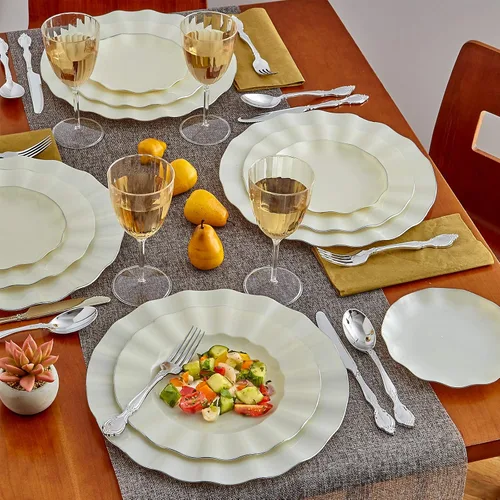 Vista 2 de Silver Spoons Platos de postre desechables 10 piezas Platos de plástico resistente Elegante aspecto fino de porcelana Velo, marfil