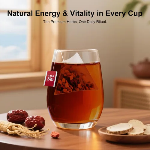Vista 6 de Té de Ginseng Ten Treasures, mezcla avanzada de té de hierbas chinas con ginseng, goji, dátiles rojos y 7 hierbas más, fórmula más completa que