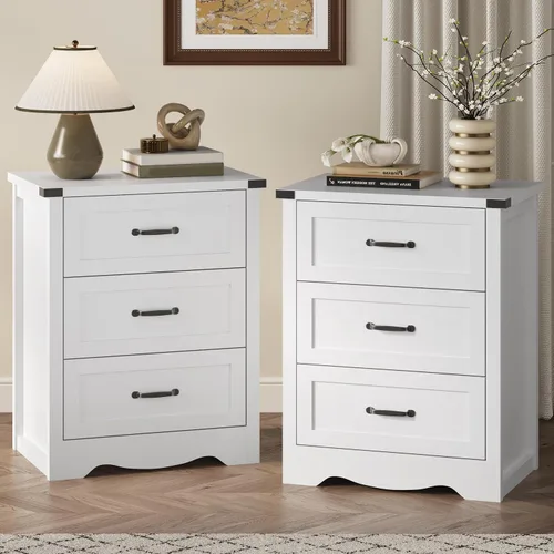 Vista 18 de Mesita de noche con 3 cajones, mesa auxiliar de 61 cm de ancho estilo granja, mesa de noche de madera rústica con asa metálica, cómoda moderna