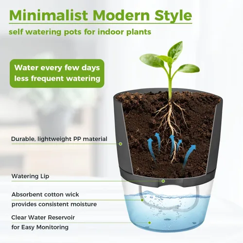 Vista 5 de Macetas de riego automático para plantas de interior, macetas para exteriores, paquete de 3 macetas de riego automático de 6 pulgadas, macetas