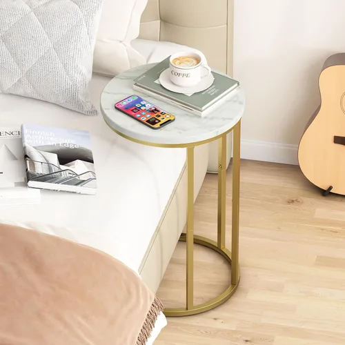 Vista 4 de Function Home Mesa auxiliar de mesa C, mesa auxiliar de sofá en forma de C de mármol, mesas de sofá que se deslizan por debajo, mesa decorativa