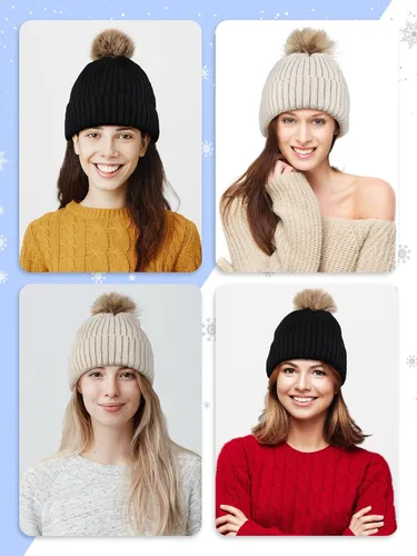 Vista 7 de Juego de 4 piezas de gorro de punto con forro de satén de invierno para mujer, negro (Black and Beige)