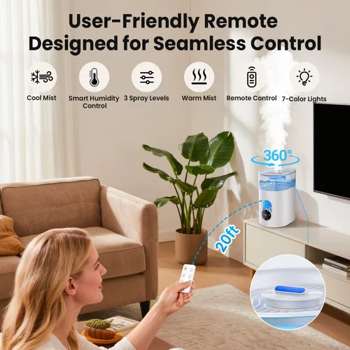 Vista 6 de Humidifiers for Bedroom Large Room Home - GloryAir 6L Quiet Top Fill Cool & Warm Mist Humidifier with Smart Humidity Control, Remote Control, White