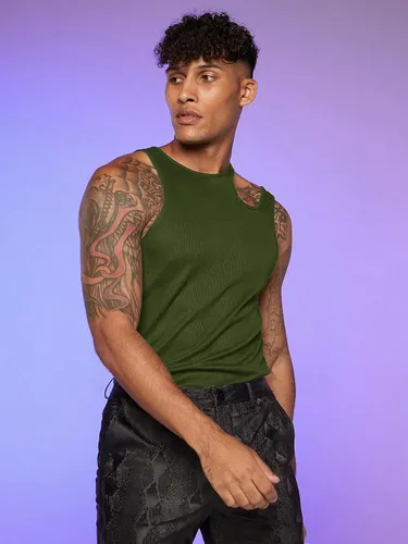 Vista 4 de WDIRARA Camiseta sin mangas transparente de malla para hombre con cuello redondo transparente